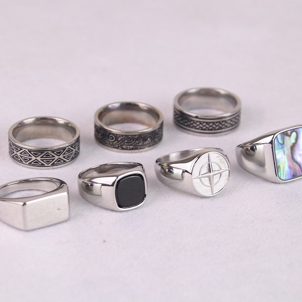 Mens Silver Rings - Stainless Steel Signet Rings - Rings for men - Set of rings - Silver Streetwear Jewellery - Unisex Rings