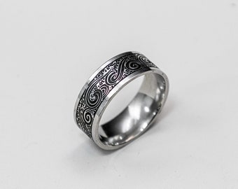 Anillo grabado en plata - Anillo de patrón ondulado para hombre - Anillo de banda para hombre - Anillo vintage de estilo geométrico