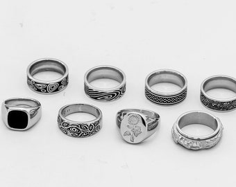 Men's Silver Stainless Steel Rings - Signet Rings - Ring Sets - Silver Flower Jewelry - Unisex Spin Rings - Silver Street Jewelry