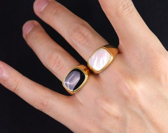 18K vergulde parelmoer ring, dikke gouden ring, zwarte Pax ring, zwarte Signet ring, dikke schelp ring, stapelringen, cadeau voor haar