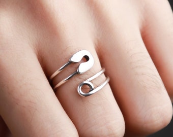 Silver Safety Pin Wrap Ring, Mothers Day Gift For Her, Unique Paperclip Ring, Thumb Open Adjustable, Rings for Women, Rings for men