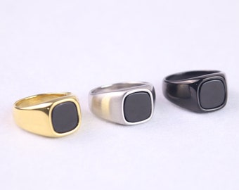 18K Stainless Steel Onyx Ring - Mens silver and black square signet ring - rings for men - unisex band ring - mens jewelry - mens jewellery