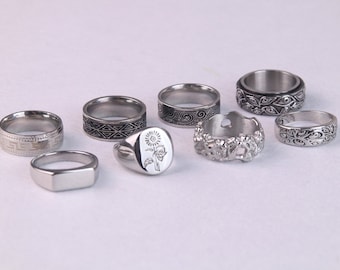 Mens Silver Stainless Steel Rings - Signet Rings - Rings for men - Set of rings - Silver Flower Jewellery - Unisex Spinning Eye Rings