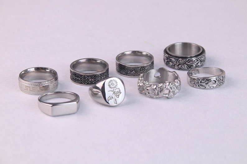 Mens Silver Stainless Steel Rings Signet Rings Rings for men Set of rings Silver Flower Jewellery Unisex Spinning Eye Rings image 1