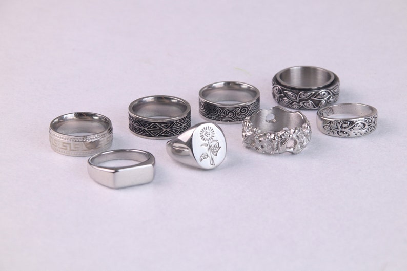 Mens Silver Stainless Steel Rings Signet Rings Rings for men Set of rings Silver Flower Jewellery Unisex Spinning Eye Rings image 7