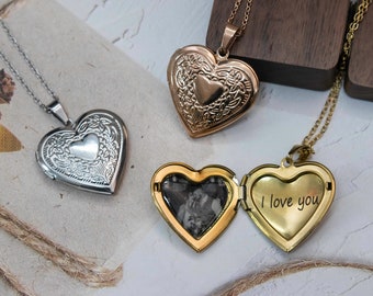 Vintage Heart Locket Necklace with Engraving, Picture Necklace, Custom Engraved Locket Photo, Mother's Day Gift for Mom, Wife, Grandma