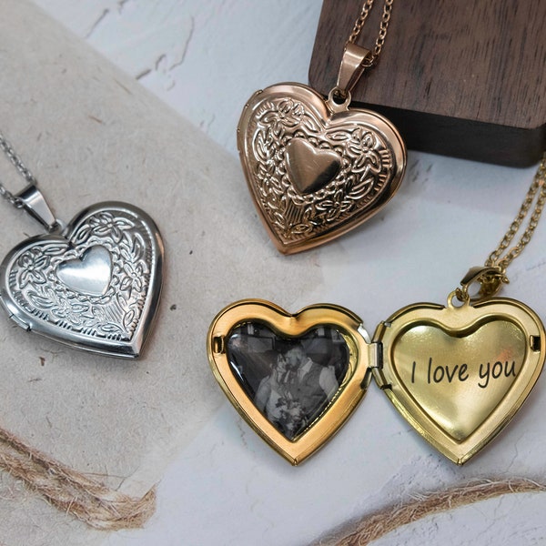 Vintage Heart Locket Necklace with Engraving, Picture Necklace, Custom Engraved Locket Photo, Mother's Day Gift for Mom, Wife, Grandma