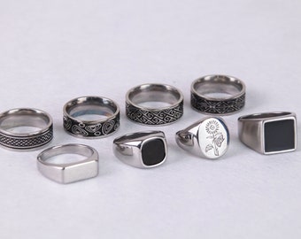 Mens Stainless Steel Rings - Silverl Signet Rings - Rings for men - Set of rings - Silver Streetwear Jewellery - Unisex Rings - Onyx Shell