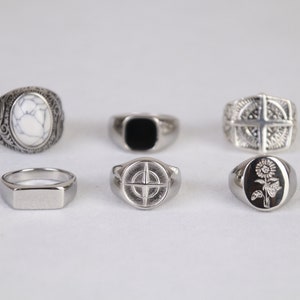 Mens Silver Rings Stainless Steel Signet Rings Rings for men Set of rings Silver Streetwear Jewellery Unisex Rings Abalone Shell zdjęcie 2
