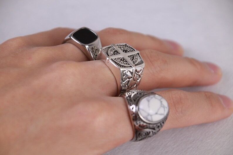 Zilveren herenringen roestvrijstalen zegelringen ringen voor mannen set ringen zilveren streetwear sieraden unisex ringen abalone schelp afbeelding 5