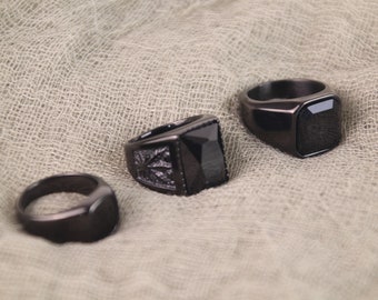 Herren Fleur De Lis Onyx Siegelring - Schwarzer Stein Detailierter Ring - Gemusterter Jugendstil Streetwear Ring