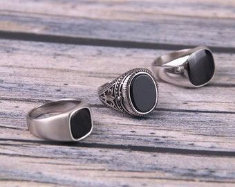 Black Onyx Signet Ring - Signet Ring For Men - Black Gem Stone Ring - Onyx Signet Ring - silver stainless steel ring