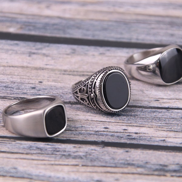 Black Onyx Signet Ring - Signet Ring For Men - Black Gem Stone Ring - Onyx Signet Ring - silver stainless steel ring
