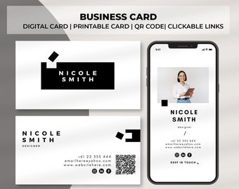 Digital Business Card, Black and White Business Card, QR Code Business Card Template, Business Card, Personal Card, Vcard QR code