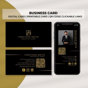 Cartão de visita digital de luxo com código QR, cartão de visita preto e dourado, cartão de visita personalizado, cartão de visita para impressão, cartão de agente imobiliário
