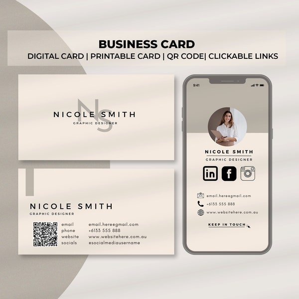 Digital Business Card with QR code, Business Card, Interactive Business Card, Printable Business Card with QR Code, Editable Business Card