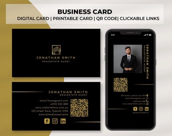Luxury Digital Business Card with QR code, Black & Gold Business Card, Custom Business Card, Printable Business Card, Realestate Agent Card