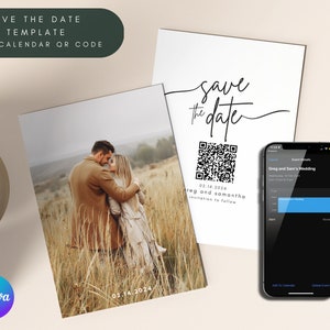 May include: Save the date card template featuring a photograph of a couple in a field and a QR code that links to a calendar event. The text on the card reads "Save the date" and "02.14.2024" and "Greg and Samantha, invitation to follow".