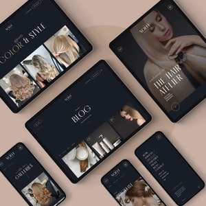 May include: Multiple digital devices displaying a website with a dark navy blue theme. The website showcases hair styling services, with the text "COLOR & STYLE", "BLOG", and "THE HAIR ATELIER". The devices include tablets and smartphones.