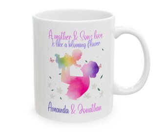 Personalized Mother & Son Ceramic Mug: Pastel Flower Design, Custom Names