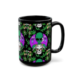 May include: Black coffee mug with a green, purple, and white alien smoking a joint and holding a skull. The mug has a repeating pattern of aliens, skulls, and marijuana leaves.