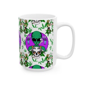 May include: White ceramic mug with a repeating pattern of green marijuana leaves, a skull with a cigarette in its mouth, and an alien smoking a cigarette. The alien is green and has a purple halo. The mug is 15 ounces.
