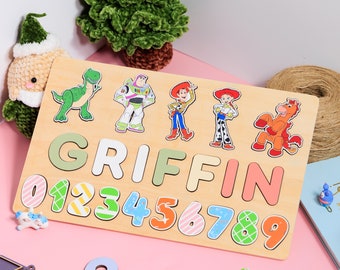 Baby Cartoon Wooden Name Puzzle, Custom Baby Name Puzzle, Toddler Montessori Toys, Baby Gift for Nursery Decor