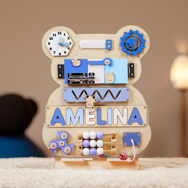 Personalized Smokey Blue Bear Busy Board with Baby Name, Custom Bear Sensory Board, Montessori Activity Toys, Gift for Child Development