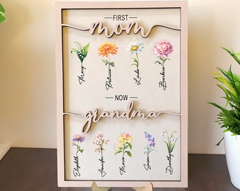 Personalized Birth Month Flower Wooden Plaque, Custom Birth Flower Sign, First Mom Now Grandma Sign, Mom's Garden Sign, Mother's Day Gift