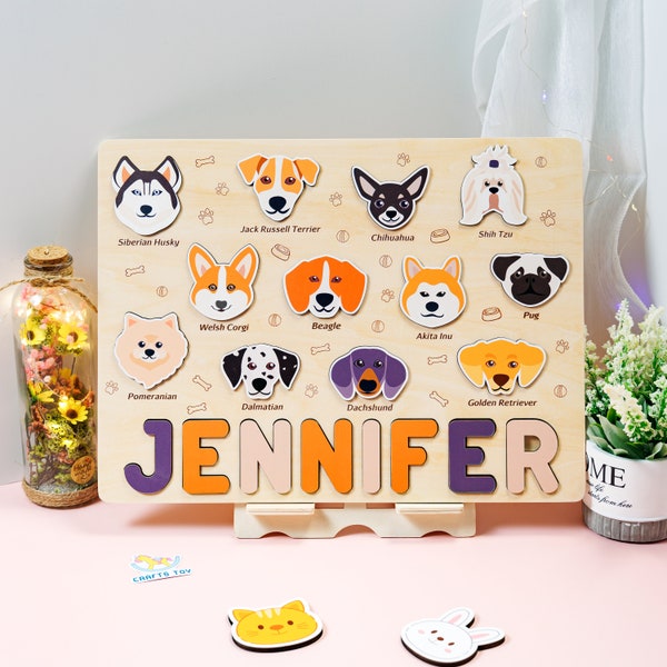 Custom Baby Dogs Wooden Name Puzzle, Custom Pets Name Puzzle, Custom Name Puzzle, Wooden Name Puzzle, Toddler Montessori Toys, Baby Gifts