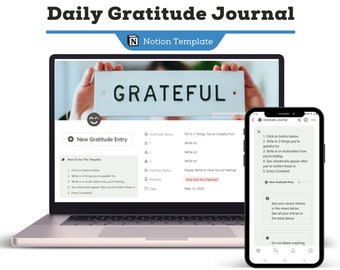 Daily Gratitude Journal Notion Template, Self Care Journal For Mindfulness and For Mental Health, Simple Mood Tracker & Wellness Journal