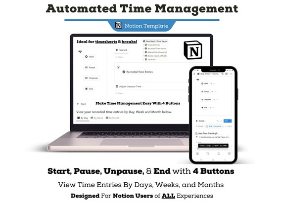 Automated Time Management Notion Template | Notion Business, Freelancer, & Agency Time Sheet with Lunch Breaks, Pause + Unpause With Buttons
