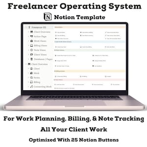 Op de afbeelding: Een laptopscherm dat een Notion-sjabloon voor freelancers weergeeft. De sjabloon heet "Freelancer OS" en heeft 25 knoppen voor het beheren van klantwerk, facturering en notities. De tekst "Voor werkplanning, facturering en notitiebeheer" en "Al uw klantwerk" wordt onder de laptop weergegeven.