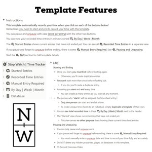 May include: A screenshot of a template for tracking time. The template features buttons for starting, ending, pausing, and unpausing time entries. The template also includes a section for manual entry of time. The template is designed to help users track their time efficiently and accurately.