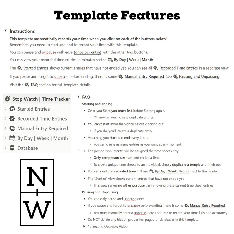 May include: A screenshot of a template for tracking time. The template features buttons for starting, ending, pausing, and unpausing time entries. The template also includes a section for manual entry of time. The template is designed to help users track their time efficiently and accurately.