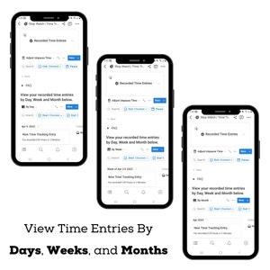 May include: Three screenshots of a mobile app interface showing how to view recorded time entries by day, week, and month. The app is called "Stop Watch | Time Tracker".