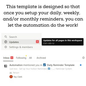 May include: A screenshot of a computer screen showing a notification from the Automation app in Notion. The notification says "Automation mentioned you in Daily Reminder Template" and includes a link to a page called "Set Up Your Notion Reminders".