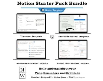 Notion Starter Pack Bundle, Template Bundle to Track Your Time, Setup Automated Reminders, and Create Journal Entries