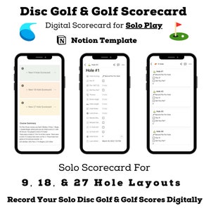 May include: A screenshot of a Notion template for a digital scorecard for solo disc golf or golf. The template includes sections for 9, 18, and 27 hole layouts. The image shows a phone screen with the text "Hole #1" and a list of fields to record scores and other information.