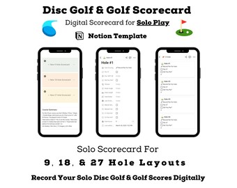 Disc Golf Scorecard & Golf Scorecard Notion Template, Solo Scorecard for 9, 18, and 27 Hole Layouts To Record Scores Digitally