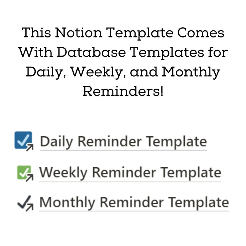 May include: A screenshot of a Notion template that includes database templates for daily, weekly, and monthly reminders. The image shows checkmarks next to each reminder type.