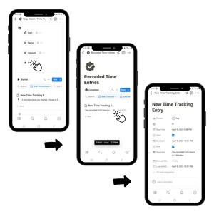 May include: A mobile phone screen displaying a time tracking app. The app shows a list of recorded time entries, with the option to add a new entry. The app also includes a stopwatch feature.