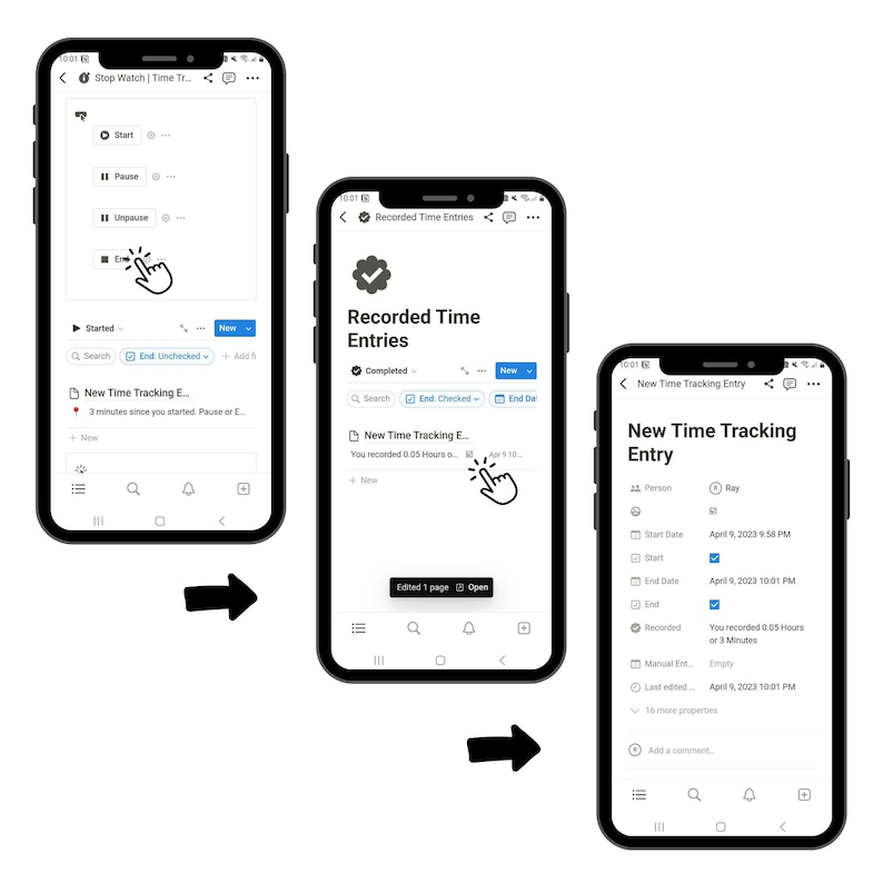 May include: A mobile phone screen displaying a time tracking app. The app shows a list of recorded time entries, with the option to add a new entry. The app also includes a stopwatch feature.