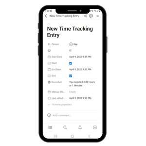 May include: A screenshot of a mobile phone displaying a time tracking entry for Ray. The entry shows the start and end date and time, as well as the total time recorded. The entry was last edited on April 9, 2023 at 9:32 PM.