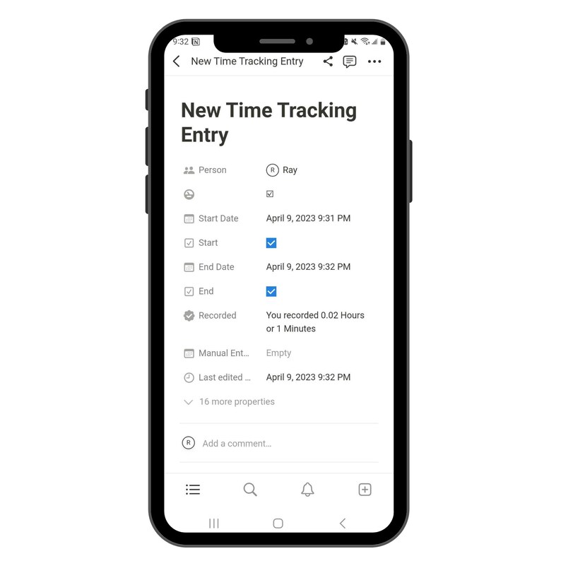 May include: A screenshot of a mobile phone displaying a time tracking entry for Ray. The entry shows the start and end date and time, as well as the total time recorded. The entry was last edited on April 9, 2023 at 9:32 PM.
