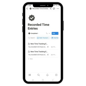 May include: A mobile phone screen displaying a time tracking app with the title "Recorded Time Entries". The app shows a list of completed time entries with the option to search, filter by "End: Checked", and filter by "End Date".