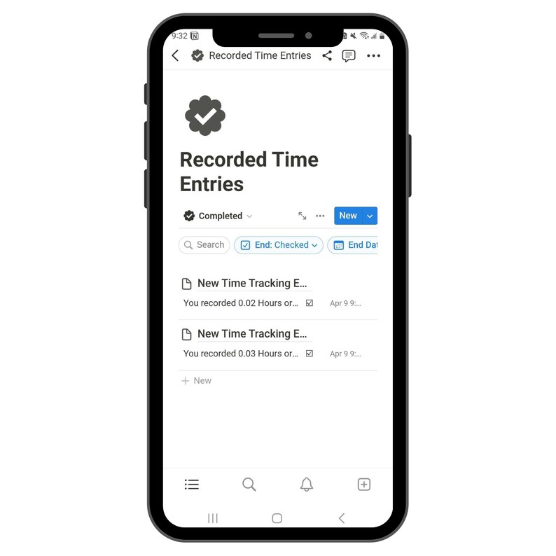 May include: A mobile phone screen displaying a time tracking app with the title "Recorded Time Entries". The app shows a list of completed time entries with the option to search, filter by "End: Checked", and filter by "End Date".