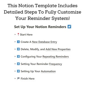 May include: A step-by-step guide on how to set up reminders in Notion. The guide includes steps like creating a new database entry, deleting, modifying, and adding new properties, configuring repeating reminders, setting reminder frequency, and setting up automation.
