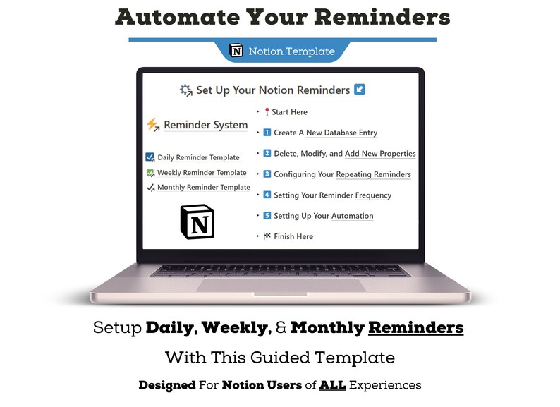 May include: A laptop screen displaying a Notion template for automating daily, weekly, and monthly reminders. The template is designed for Notion users of all experience levels. The screen shows a list of steps to set up the reminder system, including creating a new database entry, configuring repeating reminders, and setting up automation.