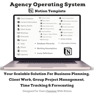 Op de afbeelding: Het scherm van een laptop toont een Notion-sjabloon voor een agentschap-besturingssysteem. De sjabloon is ontworpen om bedrijven te helpen met plannen, klantwerk, projectmanagement, tijdregistratie en voorspelling. De tekst op het scherm luidt "Agentschap-besturingssysteem" en "Notion-sjabloon".